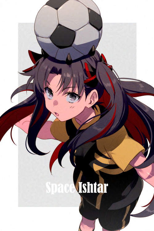 1girl ball black_hair black_shirt black_shorts breasts character_name echo_(circa) fate/grand_order fate_(series) glaze_artifacts grey_eyes horns ishtar_(fate) long_hair looking_at_viewer medium_breasts multicolored_hair open_mouth parted_bangs red_hair shirt short_sleeves shorts soccer_ball soccer_uniform solo space_ishtar_(fate) sportswear two-tone_hair two_side_up yellow_shirt