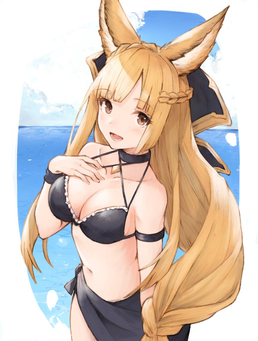 :d animal_ears bangs bikini blonde_hair blue_sky braid breasts brown_eyes choker cleavage cloud collarbone commentary_request day erune eyebrows_visible_through_hair french_braid frilled_bikini frills granblue_fantasy hair_ornament hand_on_own_chest highres horizon jewelry koretsuki_azuma long_hair looking_at_viewer medium_breasts navel ocean open_mouth outdoors pendant sarong sky smile solo standing swimsuit teeth very_long_hair wristband yuisis_(granblue_fantasy)
