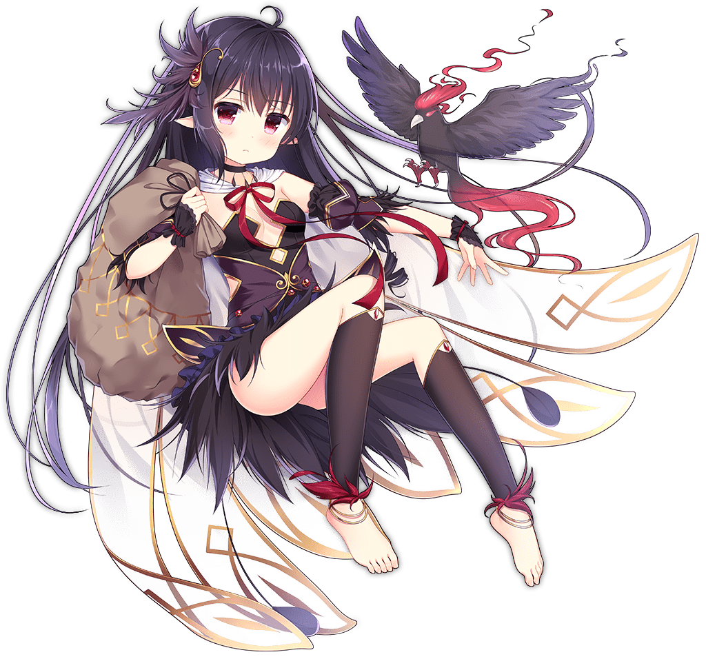 1girl anklet ark_order barefoot bird black_dress black_feathers black_hair black_socks breasts brown_bag crow detached_sleeves dress feather-trimmed_dress feather-trimmed_sleeves feather_hair_ornament feather_trim feathers frilled_cuffs full_body hair_ornament ikataruto jewelry jingwei_(ark_order) kneehighs long_hair looking_at_viewer multicolored_hair official_art pointy_ears puffy_short_sleeves puffy_sleeves red_eyes short_sleeves small_breasts socks solo streaked_hair tachi-e toeless_legwear transparent_background very_long_hair white_hair wrist_cuffs