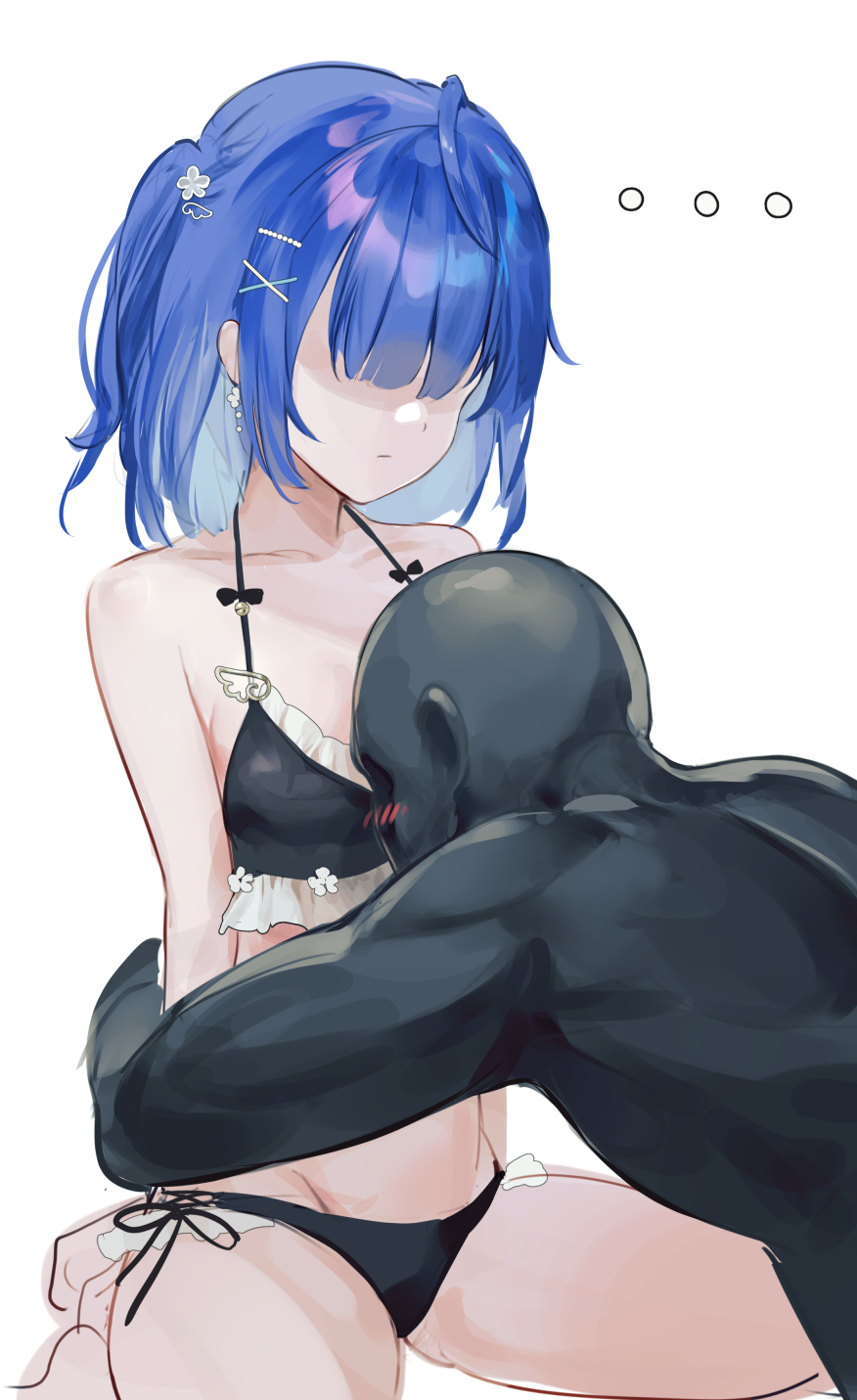 ... 1boy 1girl :| alternate_costume alternate_hairstyle amamiya_kokoro amamiya_kokoro_(7th_costume) bald bikini black_bikini blue_hair blush breasts closed_mouth collarbone dot_nose earrings frilled_bikini frills hair_ornament hairclip highres hug jewelry nakashima_(pluscolor) nijisanji official_alternate_costume official_alternate_hairstyle one_side_up shaded_face single_earring sitting sketch small_breasts spine swimsuit virtual_youtuber white_background