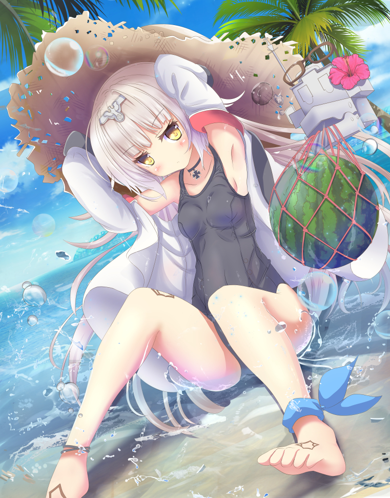 armpits arms_up aruka_(alka_p1) azur_lane barefoot beach blush breasts cloud collarbone commentary_request day flower food fruit glasses hair_ornament hat iron_cross island jacket jewelry long_hair necklace ocean one-piece_swimsuit palm_tree sand school_swimsuit silver_hair sitting sky small_breasts solo straw_hat sun_hat swimsuit tree water_drop watermelon yellow_eyes z46_(azur_lane)