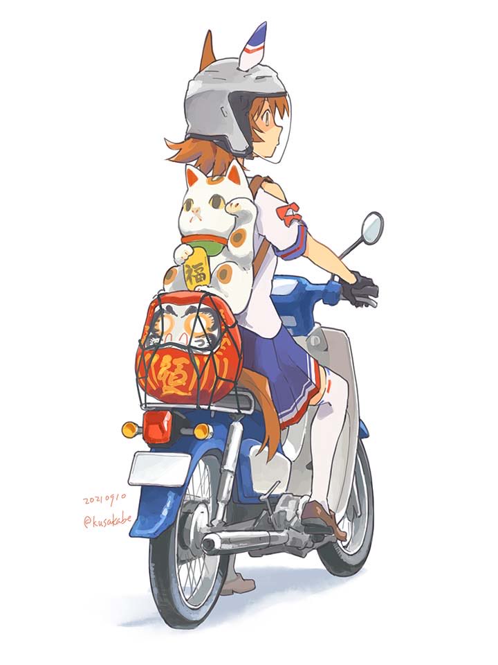 2girls animal_ears backpack bag black_gloves blue_skirt brown_footwear clothing_cutout daruma_doll dated ears_through_headwear gloves helmet horse_ears horse_girl horse_tail kusakabe_(kusakabeworks) loafers looking_to_the_side maneki-neko matikanefukukitaru_(umamusume) motor_vehicle multiple_girls orange_hair scooter shirt shoes short_hair short_sleeves shoulder_cutout simple_background skirt tail thighhighs twitter_username umamusume white_background white_shirt white_thighhighs