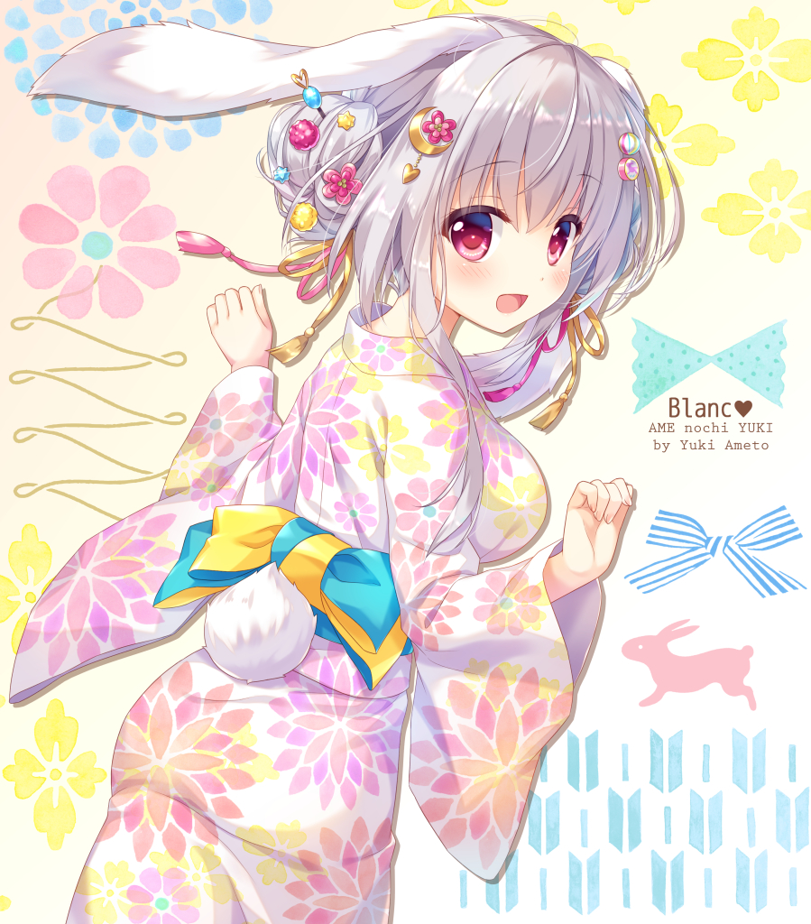 :d ameto_yuki animal_ears artist_name bangs blanc_(ameto_yuki) blue_bow blush bow breasts bunny_ears bunny_girl bunny_tail commentary_request crescent crescent_hair_ornament eyebrows_visible_through_hair fingernails floral_print flower hair_between_eyes hair_bun hair_flower hair_ornament hands_up japanese_clothes kimono long_hair long_sleeves looking_at_viewer looking_back medium_breasts open_mouth original print_kimono red_eyes red_flower side_bun silver_hair smile solo tail white_kimono wide_sleeves yukata