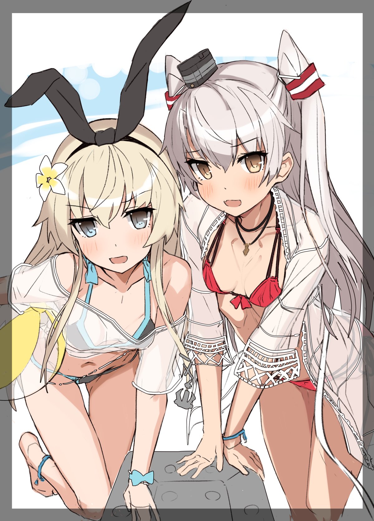 :d amatsukaze_(kantai_collection) ass_visible_through_thighs ball beachball bikini black_bikini blue_eyes blush breasts brown_eyes commentary_request flower hair_flower hair_ornament hair_ribbon hairband hat highres jewelry kantai_collection leaning_forward leg_up light_brown_hair long_hair looking_at_viewer mini_hat multi-strapped_bikini multiple_girls navel necklace open_mouth red_bikini ribbon see-through shimakaze_(kantai_collection) side-tie_bikini sidelocks silver_hair small_breasts smile standing standing_on_one_leg swimsuit takanashi_kei_(hitsujikan) two_side_up work_in_progress