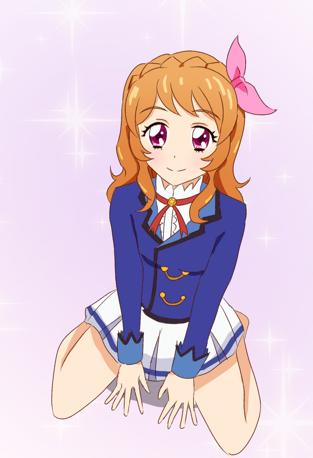 1girl aikatsu! aikatsu!_(series) highres ozora_akari pink_ribbon purple_background ribbon sitting wariza xamarin