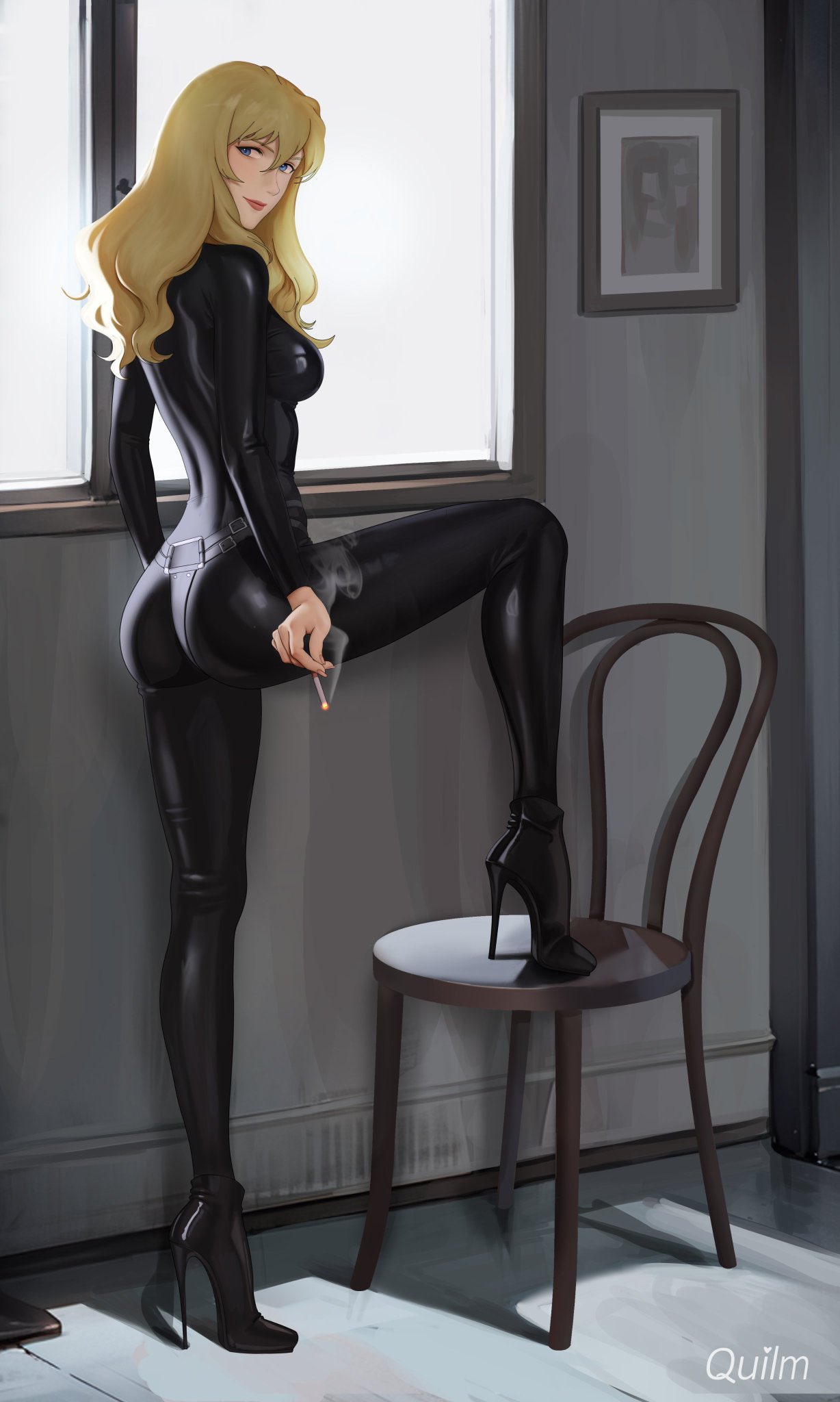 1girl ankle_boots arms_at_sides artist_name ass black_bodysuit black_footwear blonde_hair blue_eyes bodysuit boots breasts catsuit chair cigarette closed_mouth cowboy_bebop curly_hair hair_between_eyes high_heel_boots high_heels highres holding holding_cigarette indoors julia_(cowboy_bebop) light_smile lipstick long_hair looking_at_viewer makeup medium_breasts picture_frame quilm red_lips skin_tight smoke solo standing window