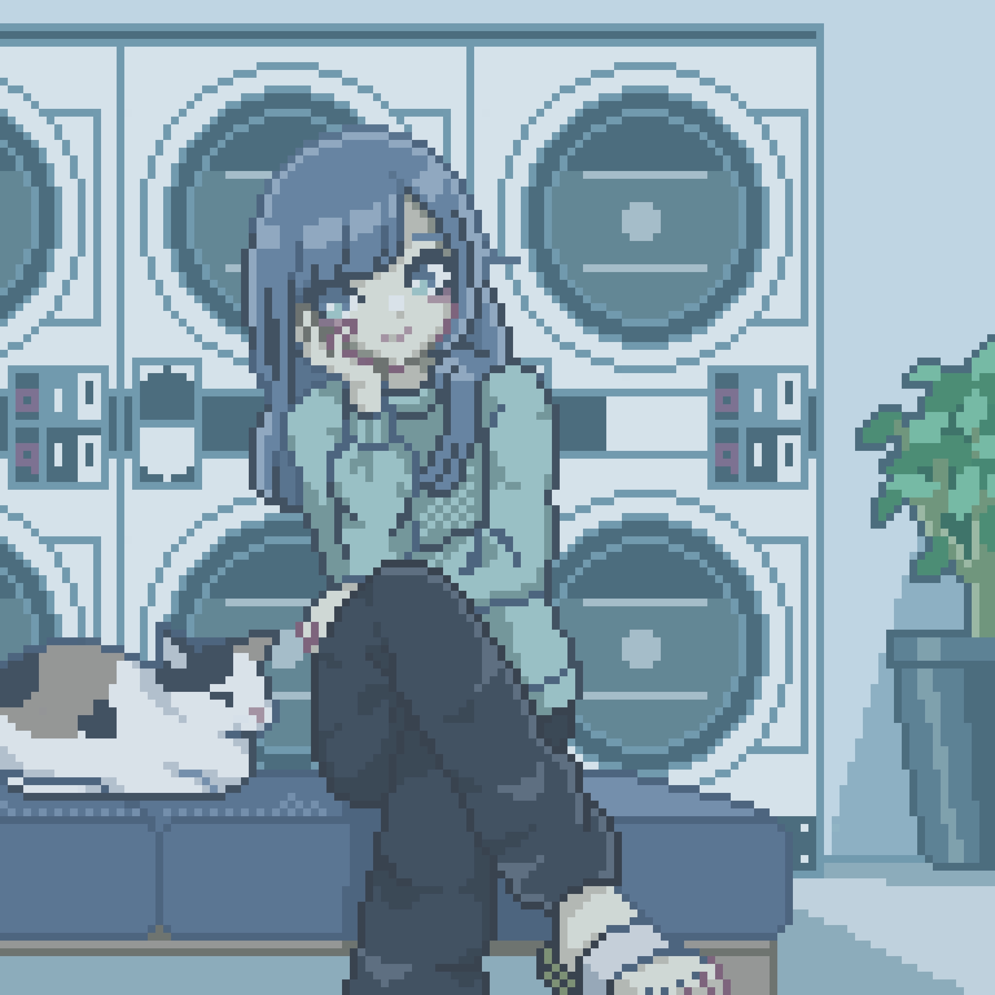 1girl bench black_pants blue_eyes blue_hair cat commentary crossed_legs foot_out_of_frame green_sweater hand_on_own_thigh head_rest highres indoors laundromat long_hair looking_to_the_side original pants pixel_art plant potted_plant sandals sitting smile solo sweater tori_maro washing_machine