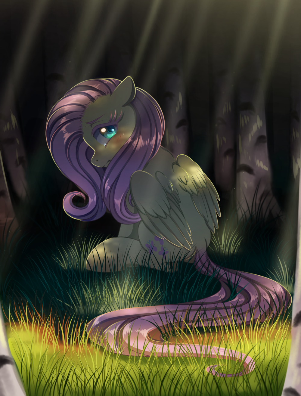 2018 blush digital_media_(artwork) equine feathered_wings feathers female feral fluttershy_(mlp) friendship_is_magic grass hair hi_res long_hair mammal momomistress my_little_pony pegasus pink_hair sad solo teal_eyes tree wings yellow_feathers