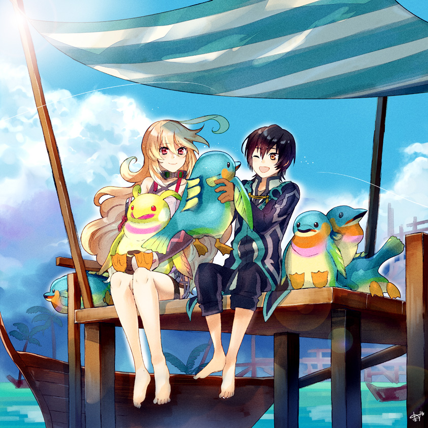 1boy ahoge barefoot blonde_hair blue_sky blush boat brown_gloves brown_hair choker cloud coat commentary_request creature dyed_ahoge full_body gloves gradient_hair hair_between_eyes harbor houhou_(black_lack) jude_mathis long_hair looking_at_another milla_maxwell multicolored_hair one_eye_closed open_mouth palm_tree pants pants_rolled_up pink_eyes short_hair signature sky smile strapless summer sun sunlight tales_of_(series) tales_of_xillia thigh_strap tree tube_top water watercraft wavy_hair yellow_eyes