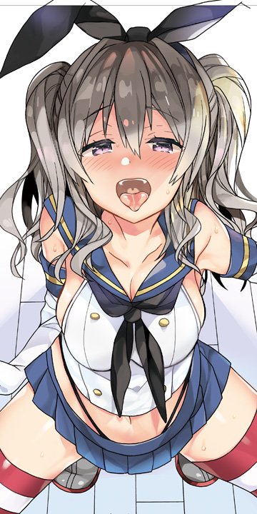 araki_kanao black_neckwear black_panties blue_sailor_collar blue_skirt breasts commentary_request cosplay crop_top elbow_gloves gloves grey_eyes hairband highleg highleg_panties kantai_collection kashima_(kantai_collection) large_breasts looking_at_viewer microskirt neckerchief open_mouth oral_invitation panties pleated_skirt pov sailor_collar shimakaze_(kantai_collection) shimakaze_(kantai_collection)_(cosplay) sidelocks silver_hair skirt solo squatting striped striped_legwear thighhighs tsurime twintails underwear uvula wavy_hair white_gloves