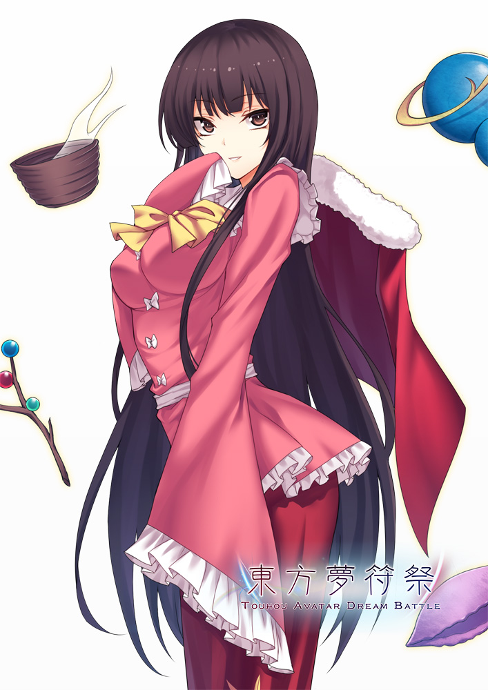 bangs black_hair blouse bow breasts brown_eyes cape commentary cup eyebrows_visible_through_hair feet_out_of_frame frilled_blouse frilled_shirt_collar frilled_sleeves frills fur_trim hand_up houraisan_kaguya koissa large_breasts long_hair long_sleeves looking_at_viewer parted_lips pink_blouse red_cape red_skirt sash shirt simple_background single_sidelock skirt sleeves_past_fingers sleeves_past_wrists smile solo standing taut_clothes taut_shirt touhou very_long_hair white_background white_bow white_sash wide_sleeves yellow_bow yellow_neckwear