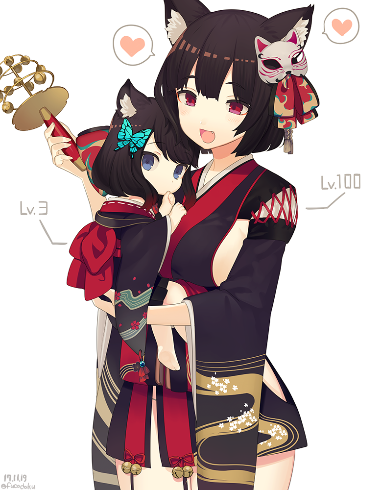 :d animal_ears azur_lane bell black_hair black_kimono blue_eyes blush breasts butterfly_hair_ornament carrying cat_ears cat_mask child fang fucodoku fusou_(azur_lane) hair_ornament heart japanese_clothes jingle_bell kagura_suzu kimono long_sleeves looking_at_another looking_at_viewer mask mask_on_head multiple_girls open_mouth red_eyes short_hair simple_background smile spoken_heart standing twitter_username white_background wide_sleeves yamashiro_(azur_lane) younger