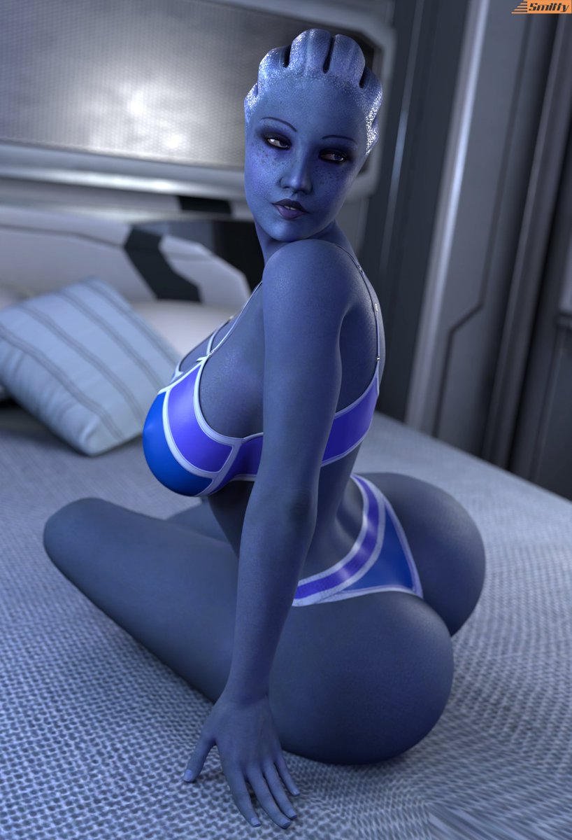 3d_(artwork) alien asari bed big_butt bioware blue_body bra breasts butt clothing digital_media_(artwork) electronic_arts female furniture hi_res humanoid liara_t'soni looking_back mass_effect nipple_outline on_bed panties pseudo_hair side_boob sitting smitty34 solo tentacle_hair tentacles thick_thighs underwear wide_hips
