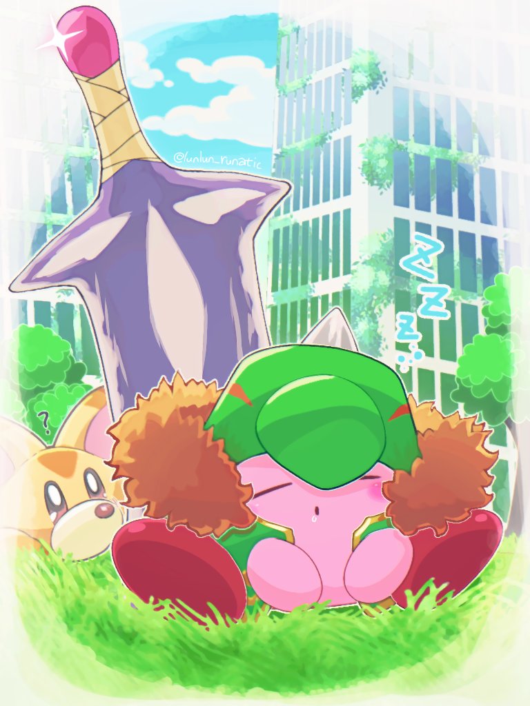 ? awoofy blue_sky closed_eyes closed_mouth cloud drooling gigant_sword_kirby kirby kirby_(series) kirby_and_the_forgotten_land on_grass open_eyes runachikku saliva sitting sky skyline sleeping sword_kirby white_background zzz