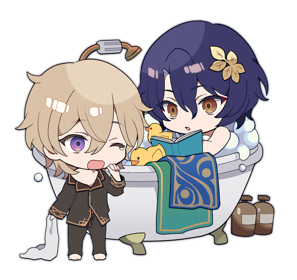 2boys aventurine_(honkai:_star_rail) bath bathtub black_pajamas blonde_hair blue_hair chibi dr._ratio_(honkai:_star_rail) hair_between_eyes hair_ornament honkai:_star_rail honkai_(series) male_focus multiple_boys official_alternate_costume one_eye_closed pajamas rubber_duck short_hair simple_background sweet_love4s white_background