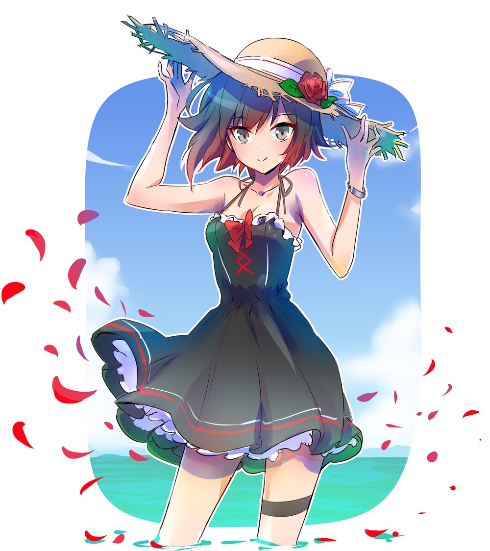 black_dress black_hair bracelet commentary dress flower gradient_hair hat iesupa jewelry multicolored_hair petals red_hair rose rose_petals ruby_rose rwby short_hair silver_eyes solo straw_hat two-tone_hair