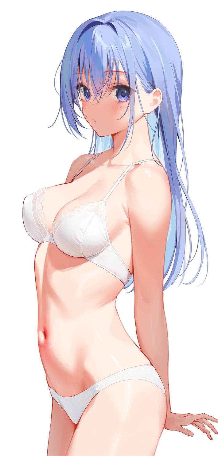 1girl blue_eyes blue_hair blush bra breasts cleavage gin00 hair_intakes highres idolmaster idolmaster_shiny_colors linea_alba long_hair looking_at_viewer medium_breasts navel panties sideways_glance simple_background solo stomach suzuki_hana underwear underwear_only very_long_hair white_background white_bra white_panties