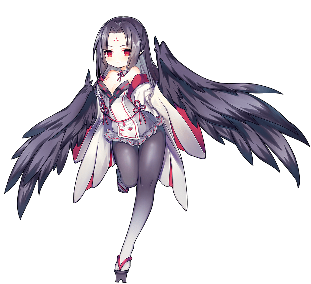 1girl ao_jun ark_order black_feathers black_hair black_wings breasts detached_collar detached_sleeves dress facial_mark falling_feathers feathered_wings feathers forehead_mark full_body geta gradient_legwear harpy karasu_tengu_(ark_order) long_hair long_sleeves looking_at_viewer medium_breasts monster_girl official_art one_side_up pantyhose red_eyes sidelocks solo tachi-e third-party_source transparent_background white_dress wide_sleeves winged_arms wings