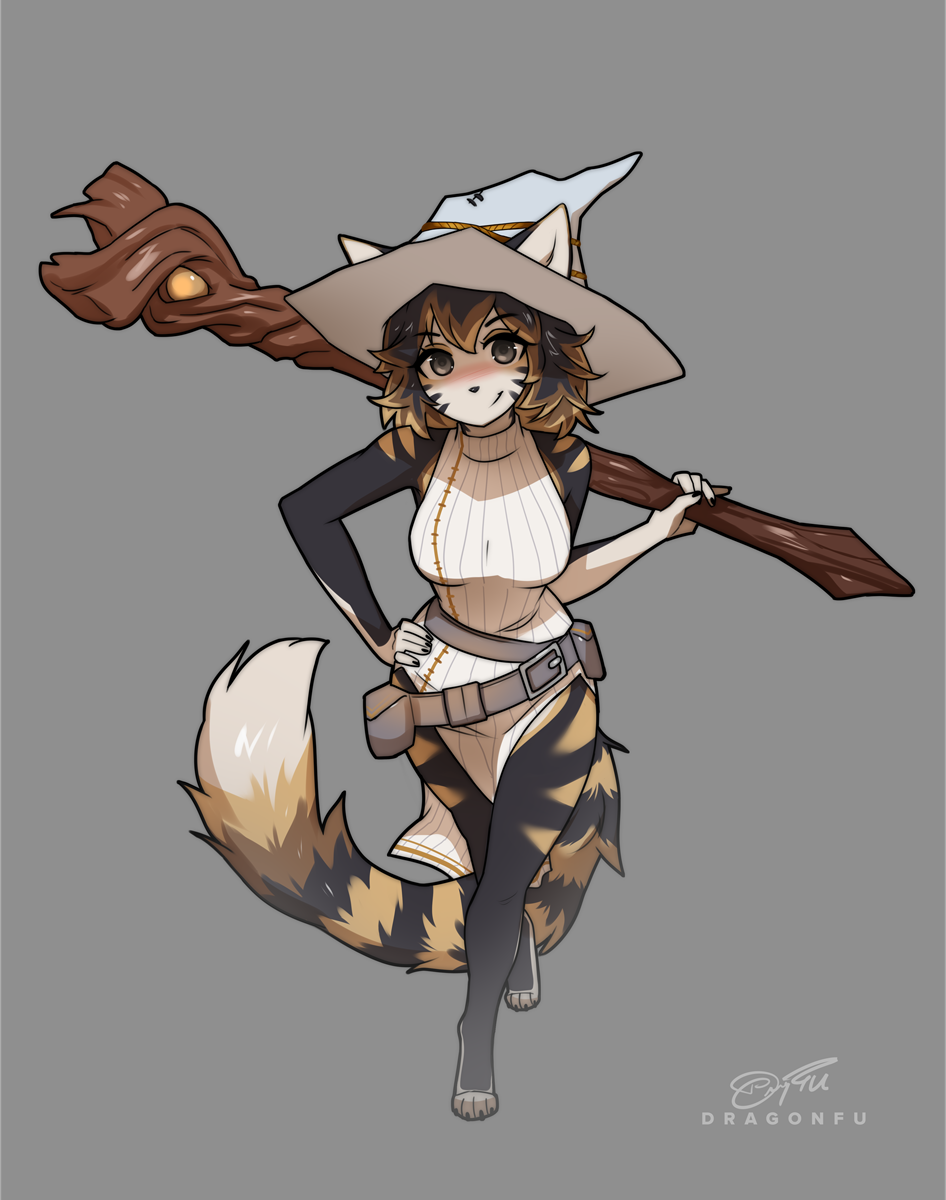 2024 aenil_kal anthro clothing dragonfu felid feline female fur hair hat headgear headwear hi_res looking_at_viewer mammal multicolored_body multicolored_fur multicolored_hair solo staff standing witch_hat