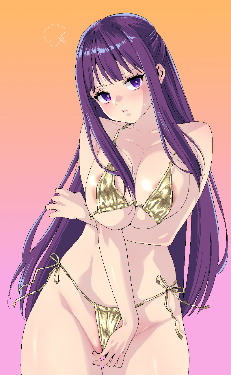 1girl adjusting_clothes adjusting_swimsuit areola_slip bikini breasts crossed_arms fern_(sousou_no_frieren) gold_bikini highres karube_guri large_breasts long_hair looking_at_viewer pout purple_eyes purple_hair simple_background solo sousou_no_frieren standing swimsuit