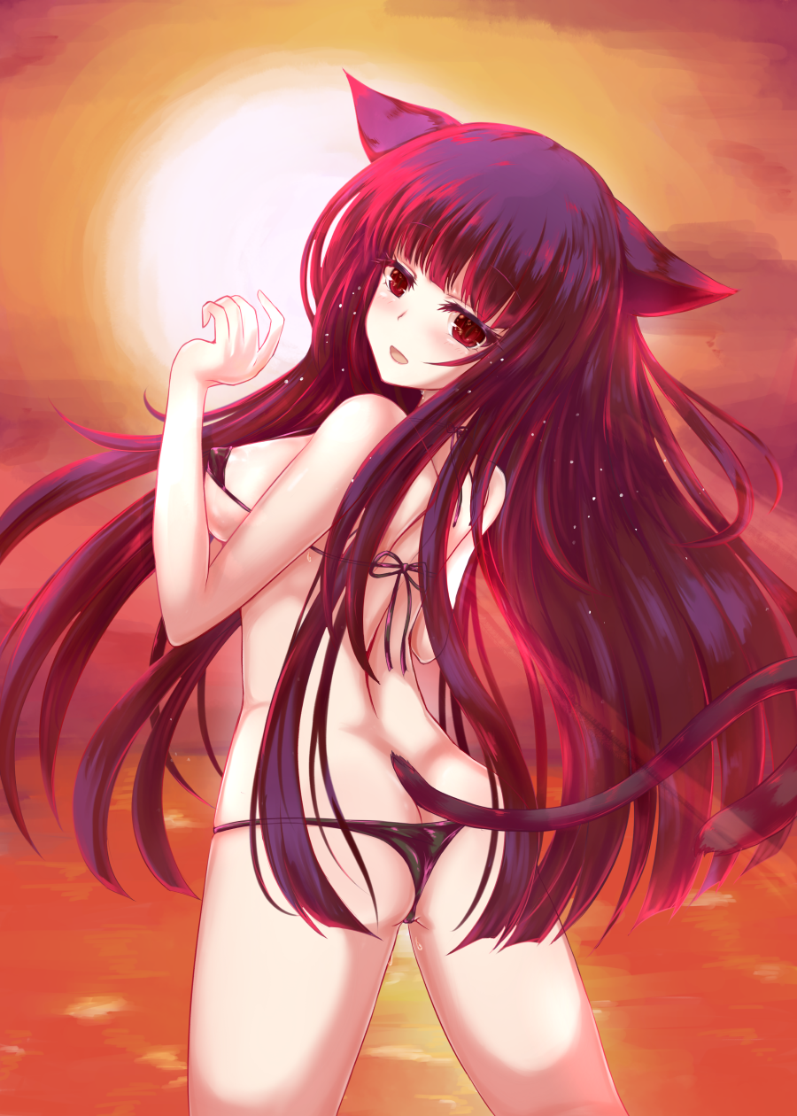 :d animal_ears ass bare_arms bare_shoulders bikini black_bikini blush breasts butt_crack cat_ears cat_girl cat_tail commentary_request covered_nipples habu_rin head_tilt highres large_breasts long_hair looking_at_viewer looking_back micro_bikini ocean open_mouth original outdoors purple_hair red_eyes sky smile solo sun sunset swimsuit tail very_long_hair water