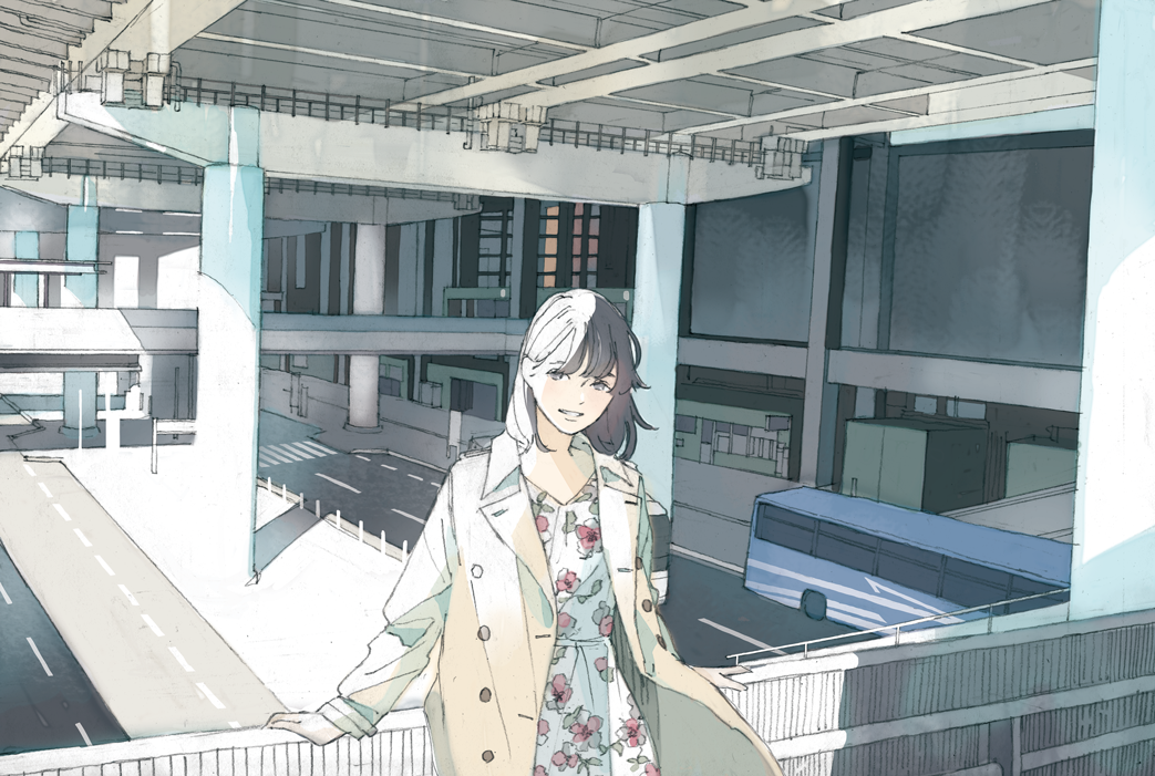 black_eyes black_hair building bus commentary dress floral_print grin ground_vehicle leaning long_sleeves looking_at_viewer medium_hair motor_vehicle original outdoors print_dress railing road shade smile solo standing trench_coat wamizu
