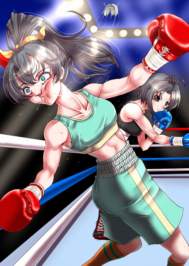 2girls boxer boxing boxing_gloves boxing_ring boxing_shorts face_punch in_the_face mouth_guard multiple_girls punching santos shorts sports_bra uppercut