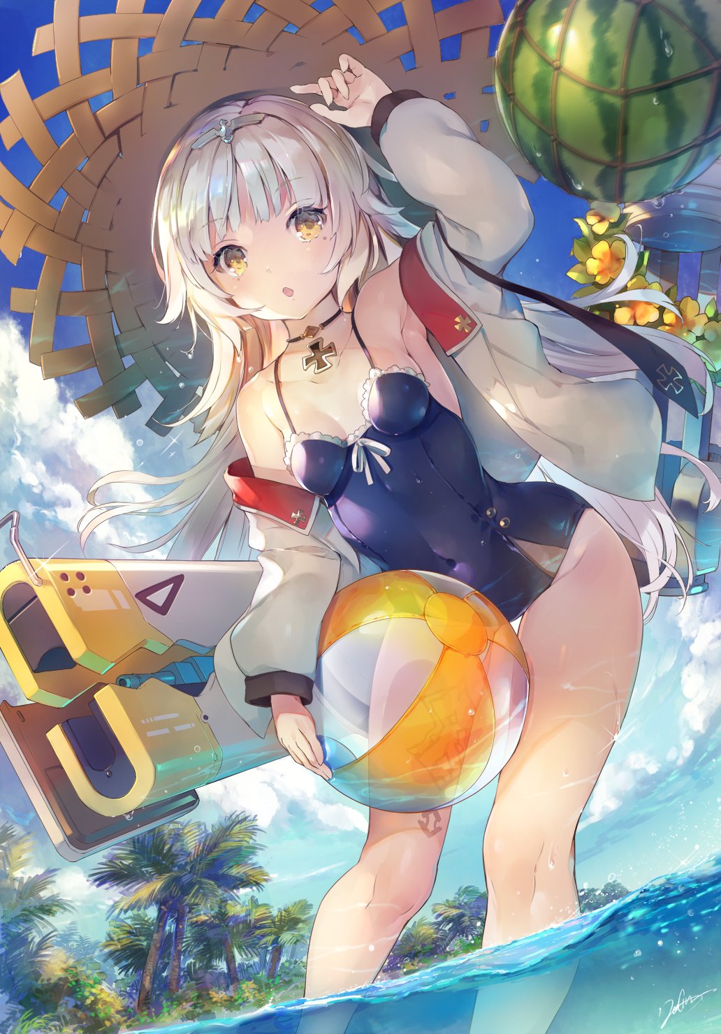 :o arm_up armpits azur_lane ball bangs bare_shoulders beachball blue_sky blue_swimsuit blurry blurry_foreground blush breasts brown_eyes cannon cloud cloudy_sky collarbone commentary_request covered_navel day deecha depth_of_field eyebrows_visible_through_hair flower food fruit hat headpiece highres holding holding_ball iron_cross island jacket jewelry leg_tattoo long_hair long_sleeves looking_at_viewer mole mole_under_eye necklace ocean off_shoulder one-piece_swimsuit open_clothes open_jacket orange_footwear outdoors palm_tree parted_lips partially_underwater_shot puffy_long_sleeves puffy_sleeves ribbon signature silver_hair sky small_breasts solo standing straw_hat swimsuit tattoo transparent tree very_long_hair wading water watermelon wet white_jacket white_ribbon z46_(azur_lane)