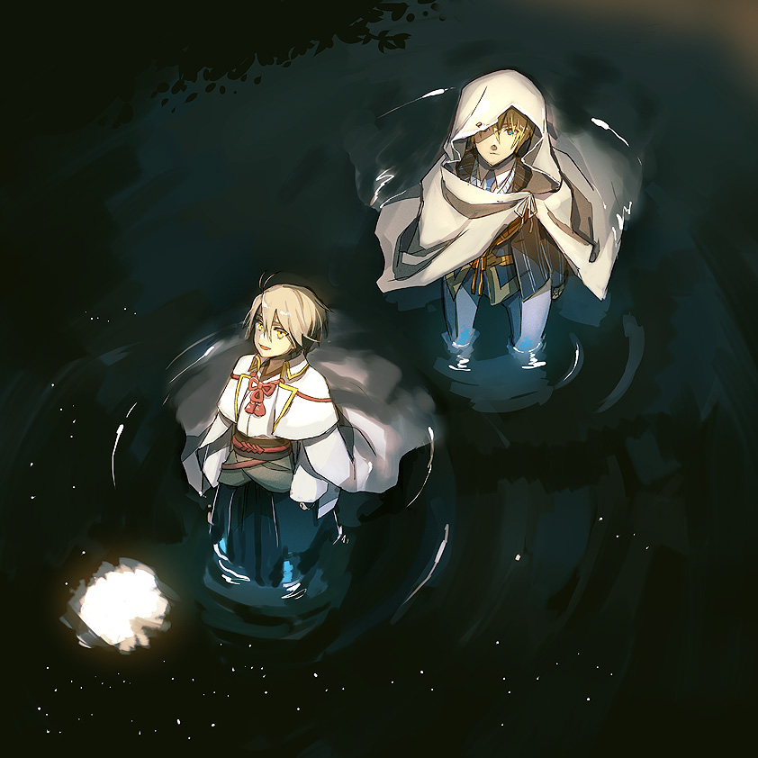 blonde_hair blue_eyes cloak commentary_request from_above full_moon hood hooded_cloak houhou_(black_lack) japanese_clothes light_particles long_sleeves looking_at_viewer looking_up male_focus male_saniwa_(touken_ranbu) moon moon_reflection multiple_boys necktie outdoors partially_submerged reflection ripples saniwa_(katsugeki/touken_ranbu) short_hair smile touken_ranbu water white_cloak yamanbagiri_kunihiro yellow_eyes