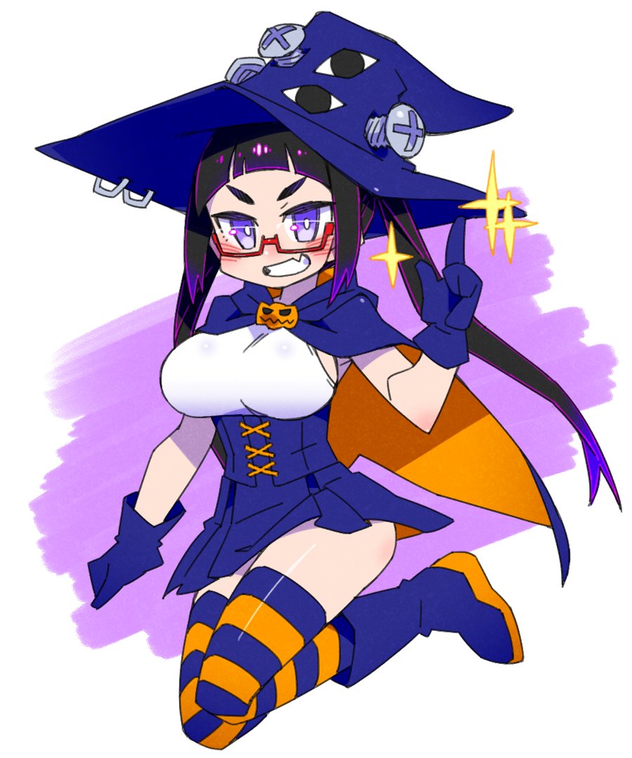 1girl black_hair blue_cape blue_gloves blue_skirt boots breasts cannsk cape chloe_rogil commentary_request corset full_body gloves grin hat index_finger_raised indie_virtual_youtuber large_breasts miniskirt multicolored_hair pleated_skirt purple_eyes purple_hair screw sideboob skirt smile solo sparkle striped_clothes striped_thighhighs thighhighs twintails two-sided_cape two-sided_fabric two-tone_hair v-shaped_eyebrows virtual_youtuber witch_hat