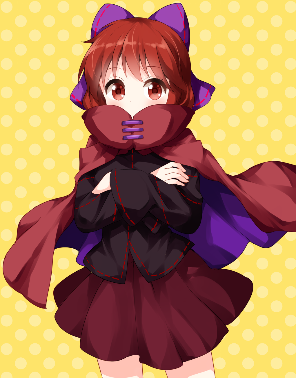 black_shirt bow cape commentary_request covered_mouth cowboy_shot crossed_arms eyebrows_visible_through_hair hair_bow highres long_sleeves miniskirt polka_dot polka_dot_background purple_bow red_cape red_eyes red_hair red_skirt ribbon-trimmed_bow ribbon-trimmed_sleeves ribbon_trim ruu_(tksymkw) sekibanki shirt short_hair skirt solo standing thighs touhou wide_sleeves yellow_background