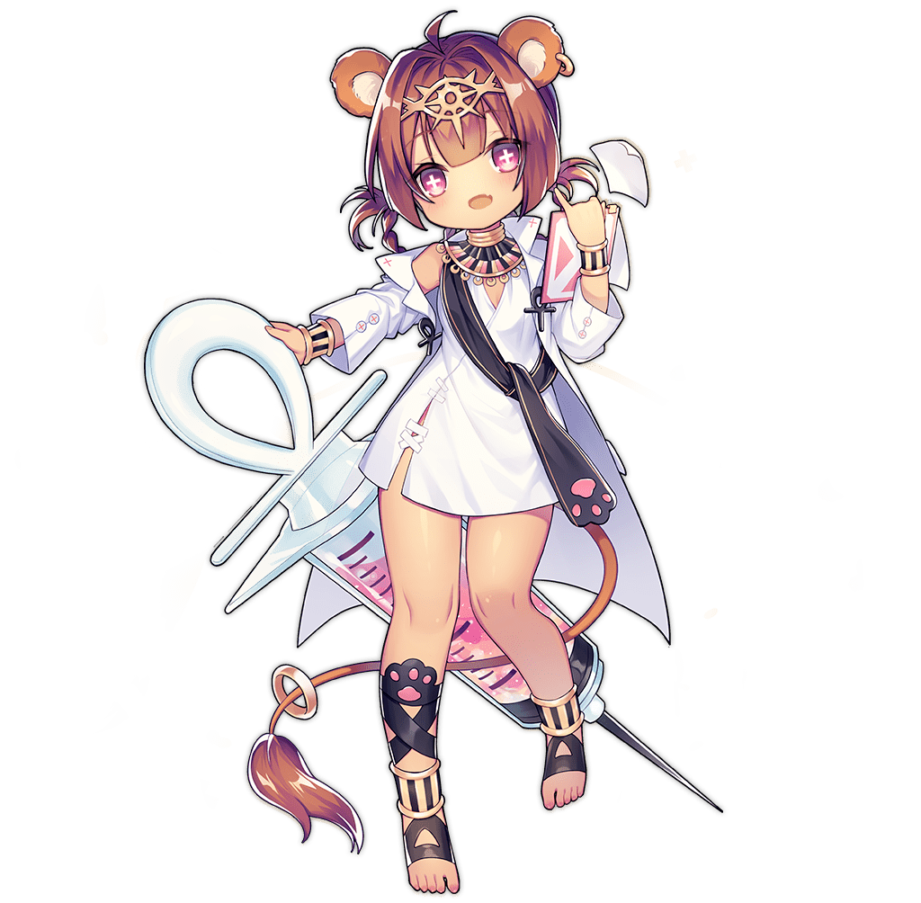 +_+ 1girl :d animal_ears ankh ao_jun ark_order barefoot black_ribbon black_scarf blush bracelet braid braided_hair_rings brown_hair coat dark-skinned_female dark_skin diadem dress egyptian_clothes fang full_body hair_rings intravenous_drip jewelry leg_ribbon lion_ears lion_tail long_sleeves necklace nurse official_art paw_print pink_eyes ribbon scarf sekhmet_(ark_order) short_hair short_twintails skin_fang smile solo syringe tachi-e tail transparent_background twintails white_coat white_dress wing_collar