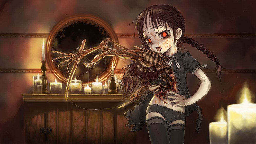 1girl arm_blade bags_under_eyes black_panties black_shirt black_thighhighs blood blood_on_face braid brown_hair candle candlelight candlestand commentary_request cowboy_shot deep_wound ero_guro exposed_bone furrowed_brow glowing glowing_eyes guro hair_half_undone hand_on_own_hip indoors injury kikai_(akita_morgue) long_hair looking_at_viewer mirror mucus neck_ribbon no_pants open_clothes open_shirt original panties polka_dot polka_dot_panties red_eyes ribbon shirt short_sleeves single_braid skeletal_arm solo standing thighhighs tongue tongue_out torn_clothes torn_shirt underwear weapon white_ribbon