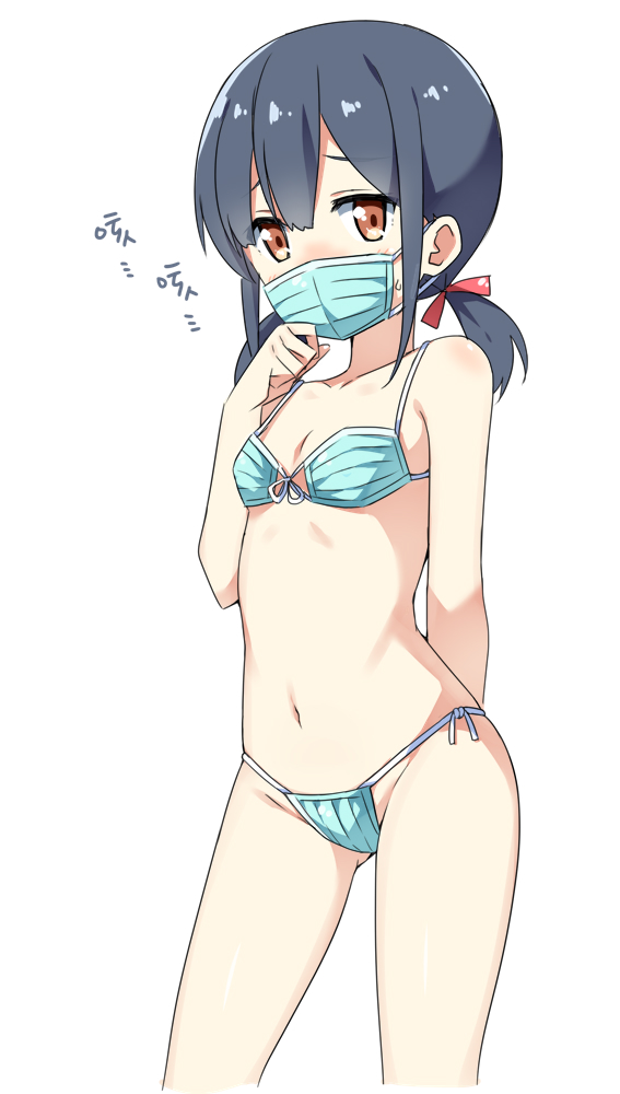 bangs bare_arms bare_shoulders bikini black_hair blue_bikini blush breasts brown_eyes chinese chinese_commentary collarbone commentary_request covered_mouth eyebrows_visible_through_hair front-tie_bikini front-tie_top groin hair_between_eyes hair_ribbon hand_up hatsunatsu long_hair looking_at_viewer low_twintails navel original red_ribbon ribbon side-tie_bikini simple_background small_breasts solo surgical_mask swimsuit twintails white_background