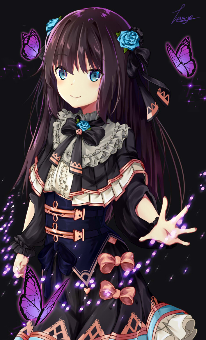 arcaea bangs black_background black_bow black_capelet black_dress black_hair black_neckwear black_ribbon blue_eyes blue_flower blue_rose bow bowtie bug butterfly capelet center_frills closed_mouth corset dress eyebrows_visible_through_hair flower frilled_dress frills glowing_butterfly gothic_lolita hair_between_eyes hair_flower hair_ornament hair_ribbon insect light_particles lolita_fashion long_hair long_sleeves looking_at_viewer outstretched_arm outstretched_hand pink_bow ribbon rose shiny shiny_hair sidelocks signature simple_background smile solo sparkle standing tairitsu_(arcaea) tiasye