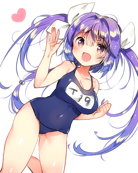 :d arm_up bangs bare_arms bare_shoulders blue_swimsuit blush bow breasts brown_eyes character_name cleavage collarbone commentary_request dutch_angle eyebrows_visible_through_hair fang hair_between_eyes hair_grab hair_ornament heart i-19_(kantai_collection) ichihaya kantai_collection large_breasts long_hair looking_at_viewer name_tag old_school_swimsuit one-piece_swimsuit open_mouth purple_hair school_swimsuit simple_background smile solo standing standing_on_one_leg swimsuit tri_tails very_long_hair white_background white_bow