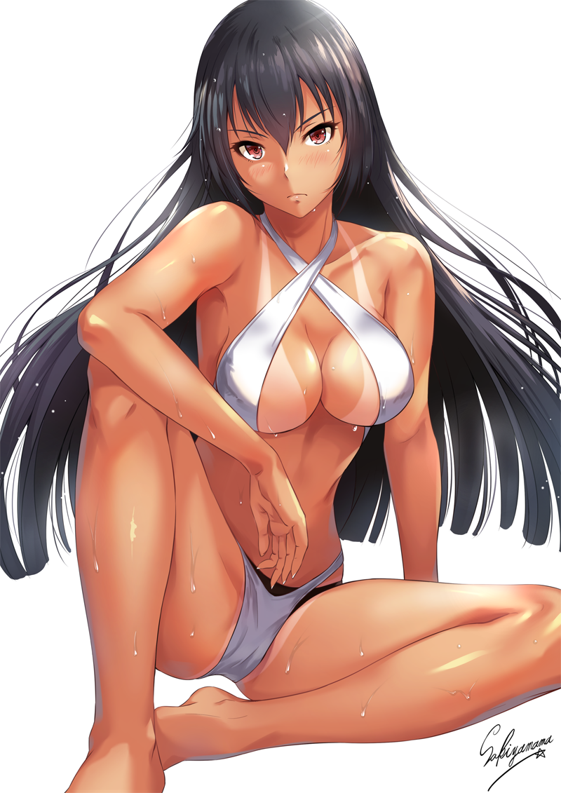 artist_name barefoot bikini black_bikini black_hair blush breasts cleavage closed_mouth collarbone criss-cross_halter frown gusset hair_between_eyes halterneck kantai_collection kantai_collection_(anime) knee_up large_breasts long_hair looking_at_viewer nagato_(kantai_collection) ocean one-piece_swimsuit red_eyes sakiyamama simple_background sitting solo spread_legs swimsuit tan tanline two-tone_swimsuit white_background white_swimsuit