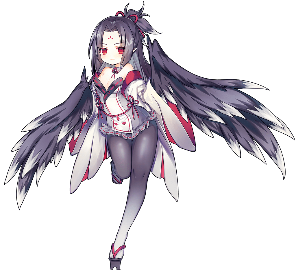 1girl ao_jun ark_order black_feathers black_hair black_wings breasts detached_collar detached_sleeves dress facial_mark falling_feathers feathered_wings feathers forehead_mark full_body geta gradient_legwear half_updo harpy karasu_tengu_(ark_order) long_hair long_sleeves looking_at_viewer medium_breasts monster_girl official_art one_side_up pantyhose red_eyes sidelocks solo tachi-e third-party_source transparent_background white_dress wide_sleeves winged_arms wings