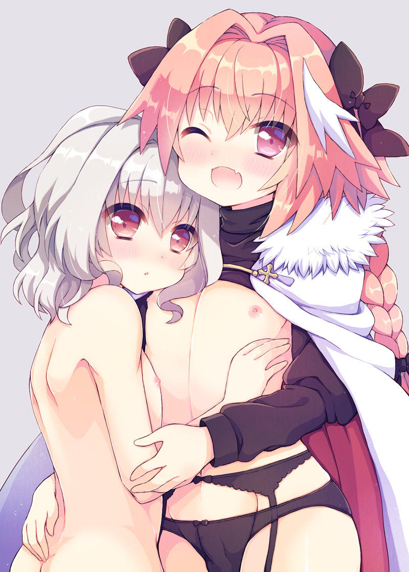 ;d astolfo_(fate) bangs black_bow black_panties black_shirt blush bow bow_panties braid butt_crack chest chonkoo commentary_request erection erection_under_clothes eyebrows_visible_through_hair fang fate/apocrypha fate_(series) fur-trimmed_cloak garter_belt grey_background grey_hair groin hair_between_eyes hair_bow hair_intakes hand_on_another's_arm hand_on_another's_back head_tilt hug long_hair looking_at_viewer looking_to_the_side male_focus medium_hair multicolored_hair multiple_boys nipples nude one_eye_closed open_mouth otoko_no_ko panties parted_lips pink_eyes pink_hair red_cloak shiny shiny_hair shirt shirt_lift shoulder_blades sidelocks sieg_(fate/apocrypha) simple_background single_braid smile standing stomach streaked_hair underwear white_cloak white_hair yaoi younger