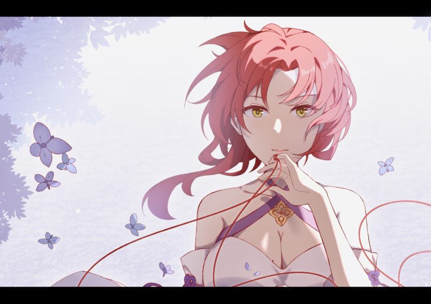 1girl bare_shoulders blue_butterfly breasts bug butterfly cleavage closed_mouth dress honkai_(series) honkai_impact_3rd lan_yi_long_yu large_breasts looking_at_viewer mole mole_on_breast murata_himeko red_hair solo string string_of_fate upper_body white_dress yellow_eyes