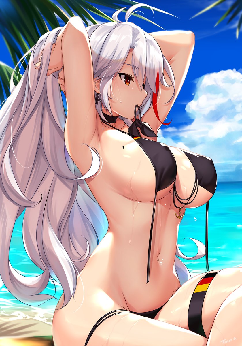 ahoge anchor_symbol armpits arms_behind_head ass_visible_through_thighs azur_lane bangs beach bikini black_bikini blue_sky blush breasts brown_eyes choker cloud commentary_request covered_nipples crossed_legs day earrings eyebrows_visible_through_hair flag_print german_flag german_flag_bikini hair_between_eyes hair_ribbon hair_tie_in_mouth highres iron_cross jewelry large_breasts long_hair looking_afar mole mole_on_breast mouth_hold multicolored_hair navel palm_leaf parted_lips prinz_eugen_(azur_lane) ribbon sand shiny shiny_skin side-tie_bikini sideboob signature silver_hair sitting skindentation sky solo stomach sunset swimsuit thigh_strap tony_guisado two-tone_hair two_side_up tying_hair untied untied_bikini untied_bikini_bottom wet