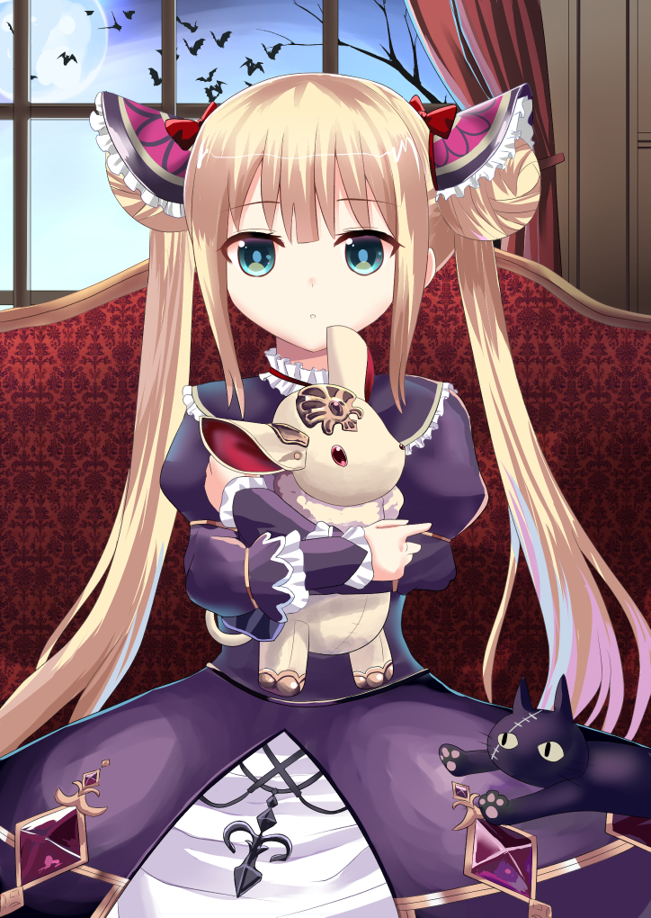 :o animal bangs bare_tree bat blonde_hair blue_sky bow commentary_request day double_bun dress eyebrows_visible_through_hair full_moon gold_trim green_eyes hair_between_eyes hair_bow indoors juliet_sleeves long_hair long_sleeves looking_at_viewer luna_(shadowverse) moon neu_(frameice) object_hug parted_lips puffy_sleeves purple_dress red_bow shadowverse side_bun sidelocks sky solo stuffed_animal stuffed_toy tree twintails very_long_hair window