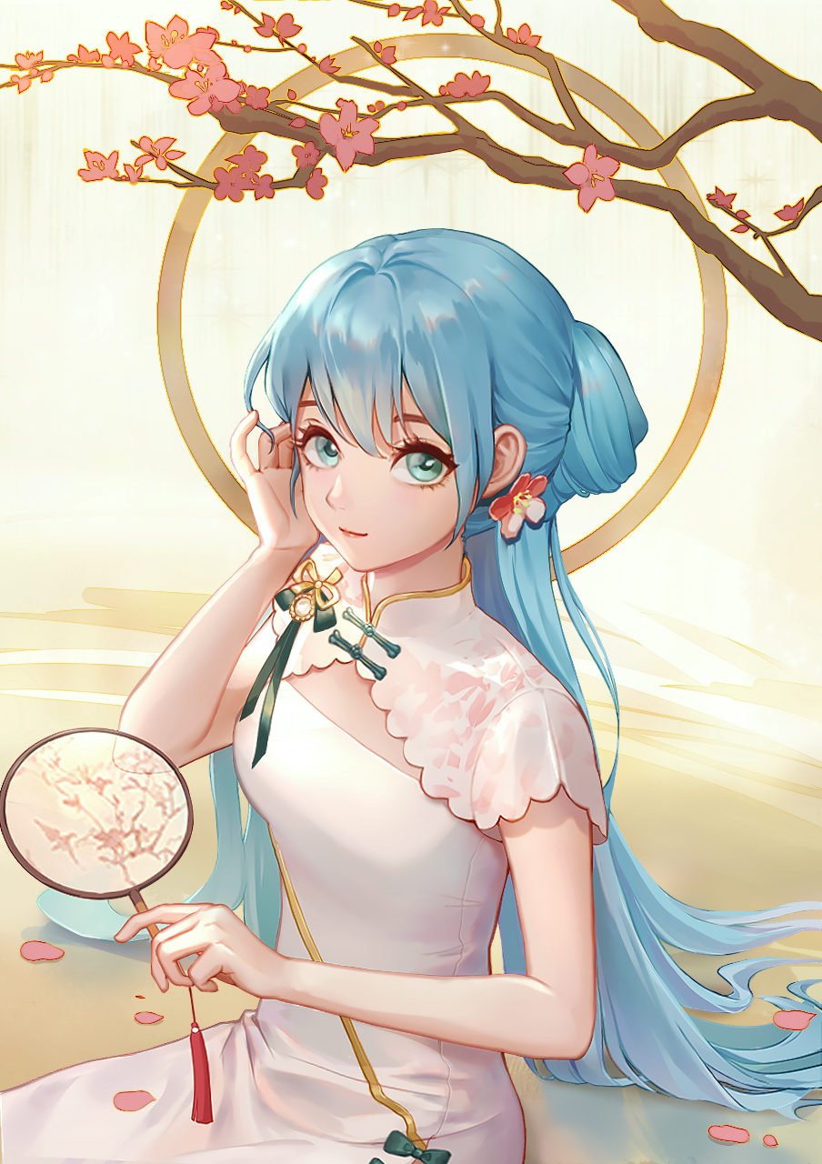 1girl bare_arms blue_eyes blue_hair branch breasts cherry_blossoms china_dress chinese_clothes cleavage commentary day dress flower guo_zi_man hair_between_eyes hair_bun hair_flower hair_ornament hand_fan hand_in_own_hair hand_up hatsune_miku highres holding holding_fan lace_jacket looking_at_viewer official_alternate_costume official_alternate_hairstyle outdoors pink_flower pink_petals ponytail sand shaohua_hatsune_miku short_sleeves sitting smile solo tassel tuanshan vocaloid water white_dress