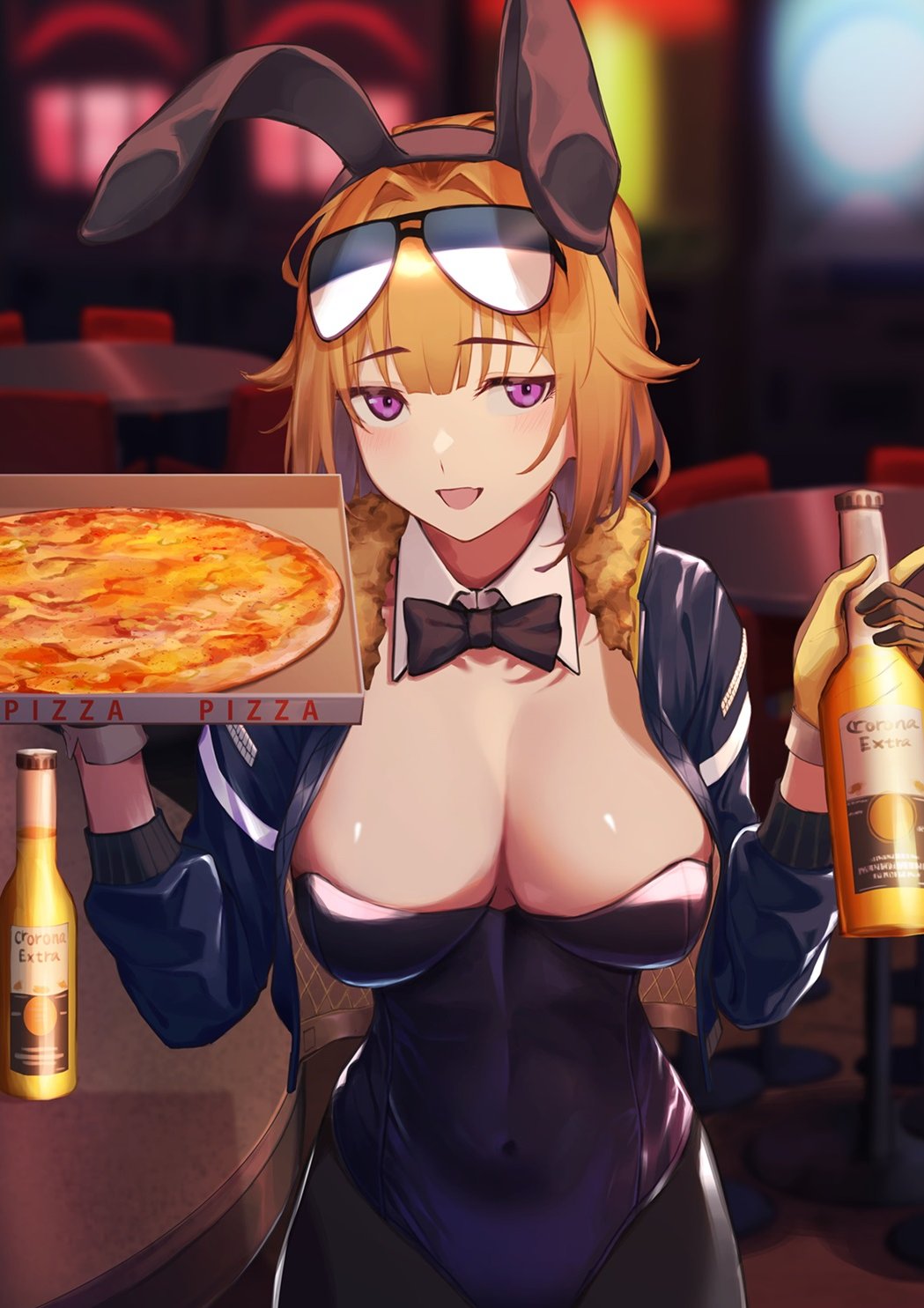 1girl 3_small_spiders animal_ears black_gloves black_leotard black_pantyhose blue_jacket blurry blurry_background blush bottle box breasts brown_hair cleavage cropped_jacket eyewear_on_head fake_animal_ears food fur-trimmed_jacket fur_trim girls'_frontline gloves grizzly_mkv_(girls'_frontline) highres holding holding_bottle holding_box jacket leotard looking_at_viewer open_mouth pantyhose pizza pizza_box playboy_bunny purple_eyes rabbit_ears short_hair smile solo stool sunglasses table two-tone_gloves upper_body yellow_gloves