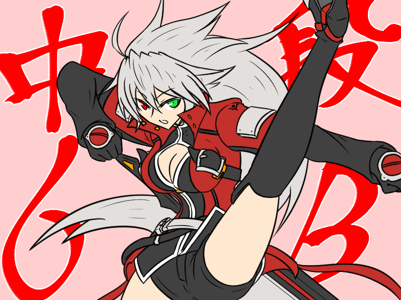 1girl blazblue boots breasts cleavage coat genderswap gloves high_heel_boots high_heels multicolored multicolored_eyes ragna_the_bloodedge red_coat shorts thigh_boots thighhighs white_hair