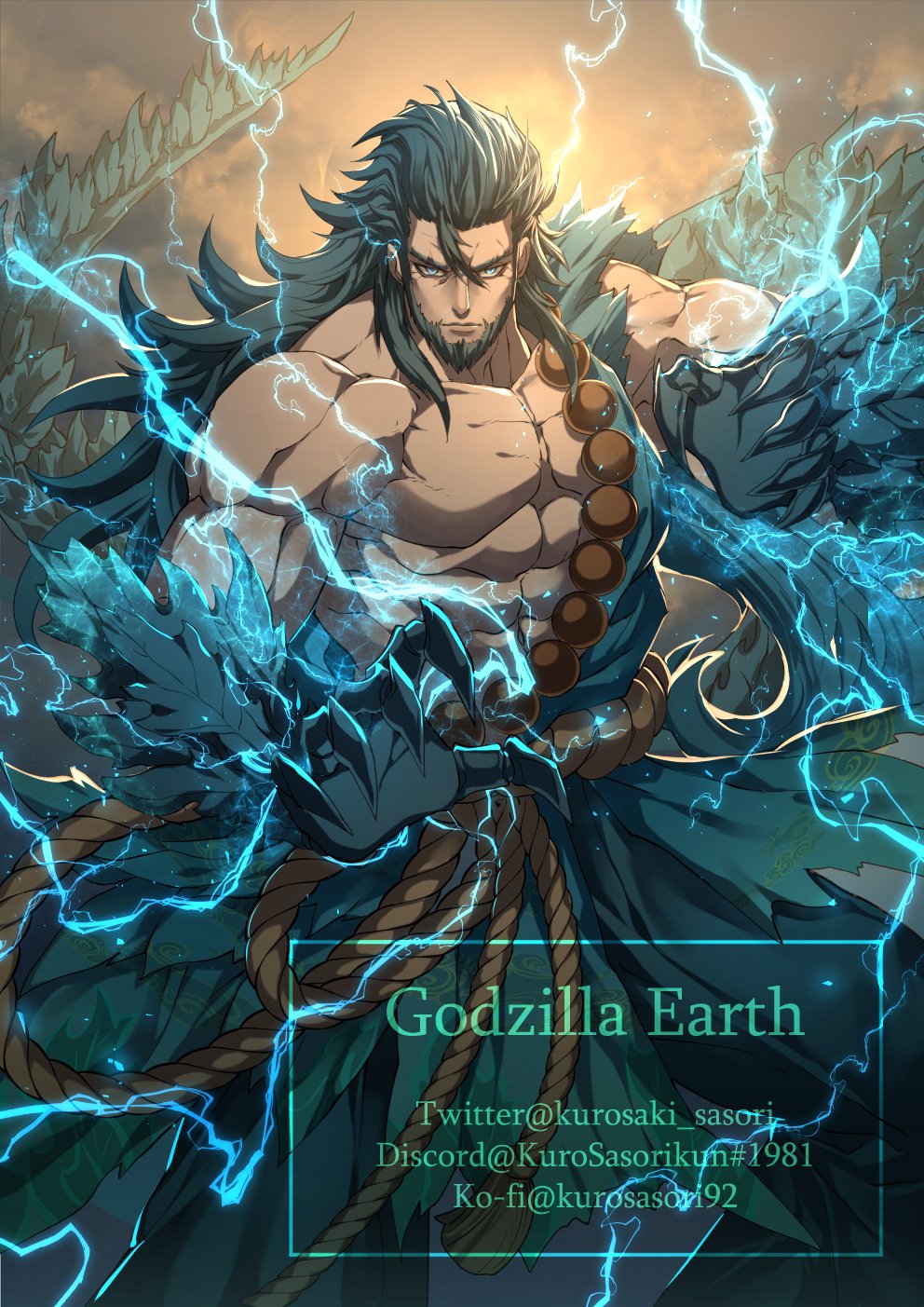 1boy beard blue_eyes clawed_gauntlets elbow_spikes facial_hair godzilla godzilla:_city_on_the_edge_of_battle godzilla:_planet_of_the_monsters godzilla:_the_planet_eater godzilla_(series) godzilla_earth green_hair highres kurosaki_sasori lightning long_hair long_tail muscular muscular_male personification solo tail