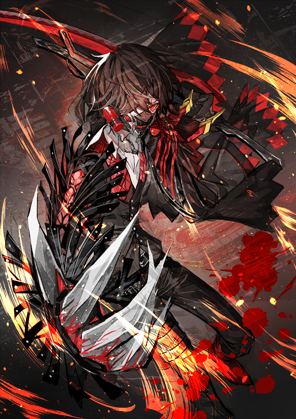 1boy black_capelet black_gloves blood blood_on_weapon blood_splatter brown_hair capelet claw_(weapon) code_vein collared_shirt commentary_request dynamic_pose gas_mask gloves glowing glowing_eyes hair_over_one_eye holding holding_sword holding_weapon jewelry looking_at_viewer louis_(code_vein) male_focus mask mura_karuki necklace red_eyes shirt short_hair solo sparks sword weapon