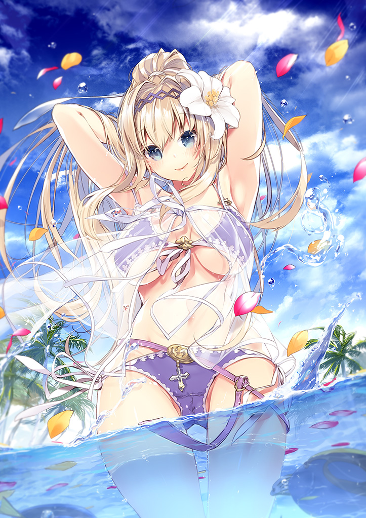 218 animal arms_behind_head arms_up bangs bare_shoulders bikini blonde_hair blue_eyes blue_sky breasts closed_mouth cloud cloudy_sky collarbone commentary_request cowboy_shot day dutch_angle flower granblue_fantasy hair_between_eyes hair_flower hair_intakes hair_ornament high_ponytail jeanne_d'arc_(granblue_fantasy) large_breasts long_hair looking_at_viewer outdoors palm_tree partially_underwater_shot petals ponytail purple_bikini ribbon see-through sky smile solo swimsuit tree turtle very_long_hair water white_flower white_ribbon