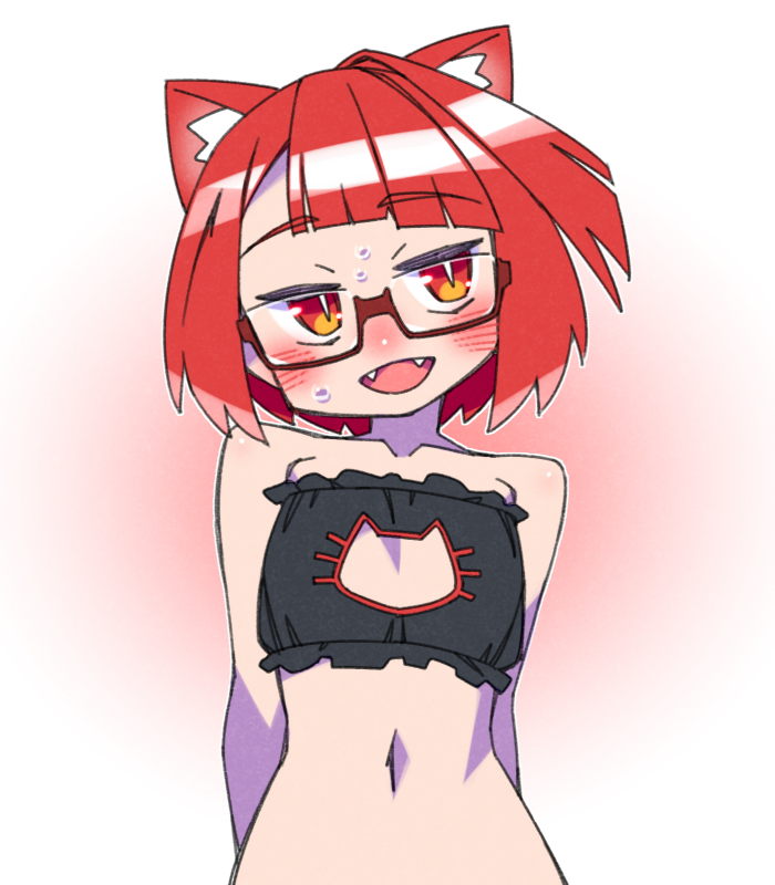 1girl animal_ears arms_behind_back blunt_bangs cannsk cat_cutout cat_ear_bikini cat_ears clothing_cutout commentary_request fangs flat_chest indie_virtual_youtuber medium_hair navel red_eyes red_hair single_hair_intake solo sweat virtual_youtuber yokota_mary