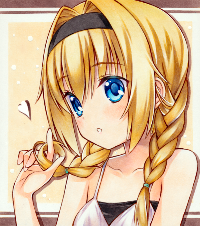 1girl bare_shoulders black_hairband blonde_hair blue_eyes blush braid chitose_sana close-up collarbone colored_eyelashes commentary_request drop_shadow hair_between_eyes hair_intakes hairband hand_up heart index_finger_raised light_brown_background long_hair looking_at_viewer marker_(medium) parted_lips photo_(medium) playing_with_own_hair simple_background solo takt_shindo tenshinranman traditional_media twin_braids